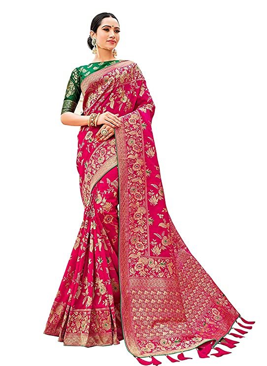 Women's Banarasi Silk Blend Woven Zari With Tussles Saree