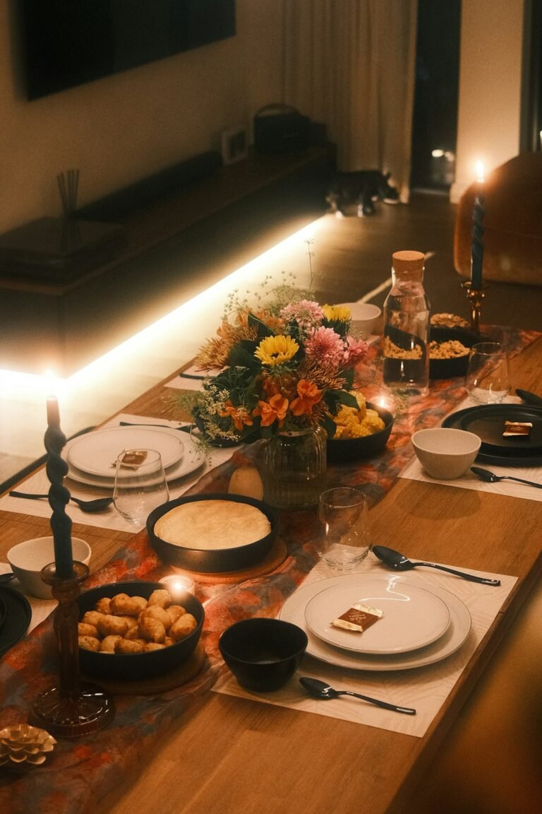 Romantic candlelit dinner table set for two at home
